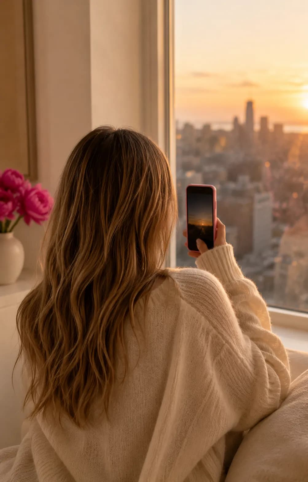 Kobieta w kremowym swetrze fotografuje smartfonem panoramę miasta o zachodzie słońca