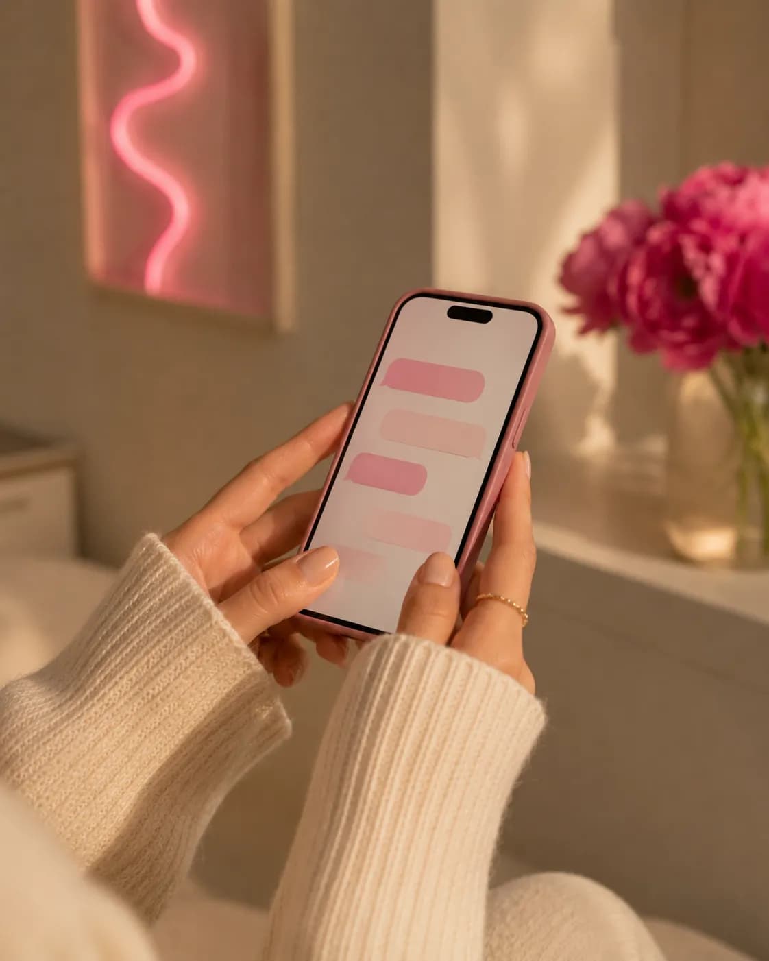 Dłonie trzymające różowy smartfon z dymkami wiadomości, w tle różowy neon i piwonie