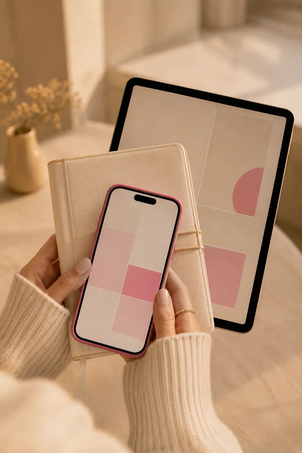 Dłonie trzymające smartfon i tablet z pastelową grafiką na tle przytulnego wnętrza