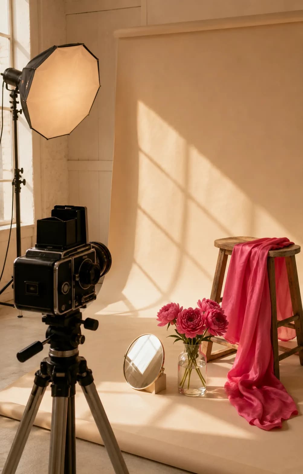 Studio fotograficzne z aparatem na statywie, lampą softbox i różowymi piwoniami w wazonie
